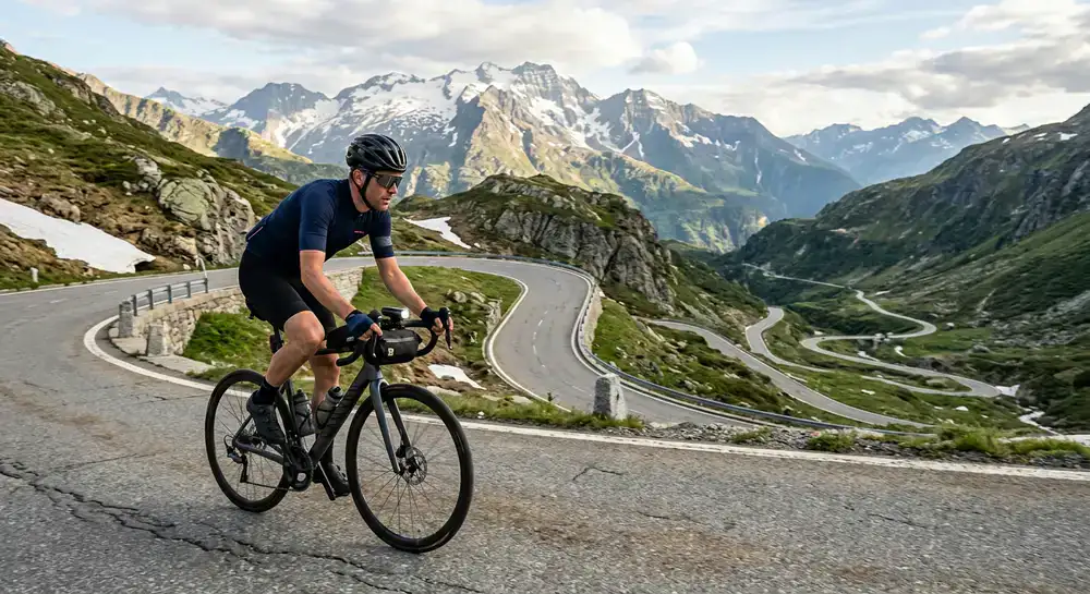 Cyclist navigating a scenic mountain pass in the Swiss Alps using NQueBrit accessories