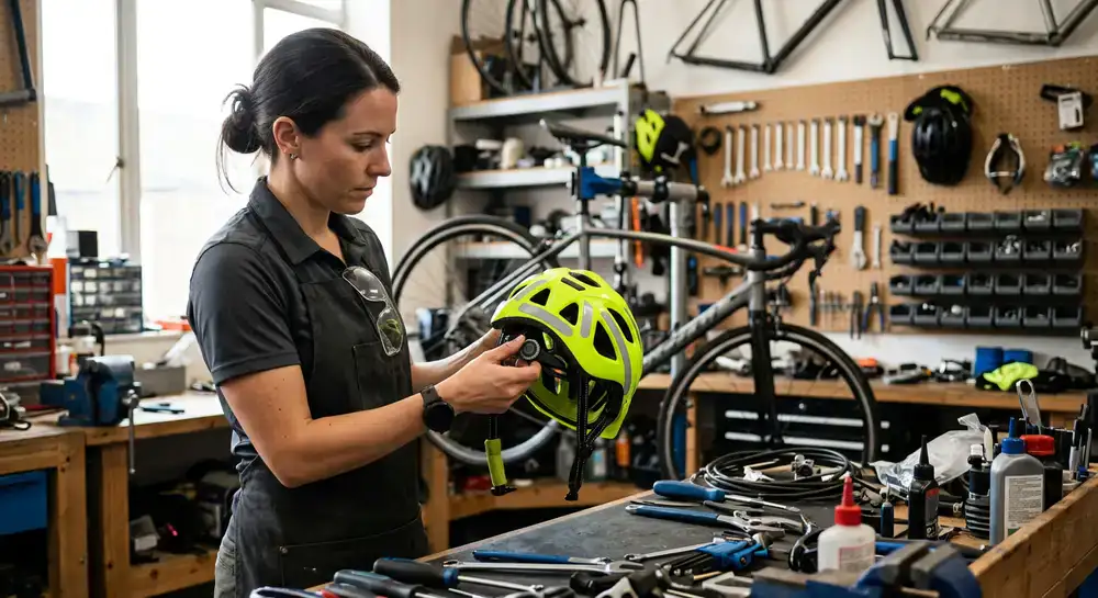 Engineer adjusting a high-visibility cycling helmet in a workshop