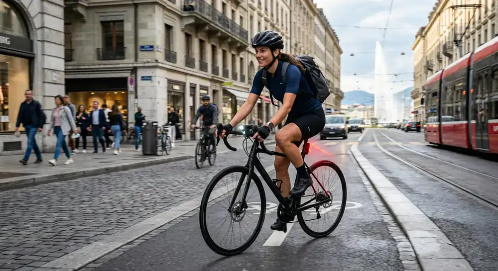 Urban cyclist riding through Geneva city streets with NQueBrit safety lights