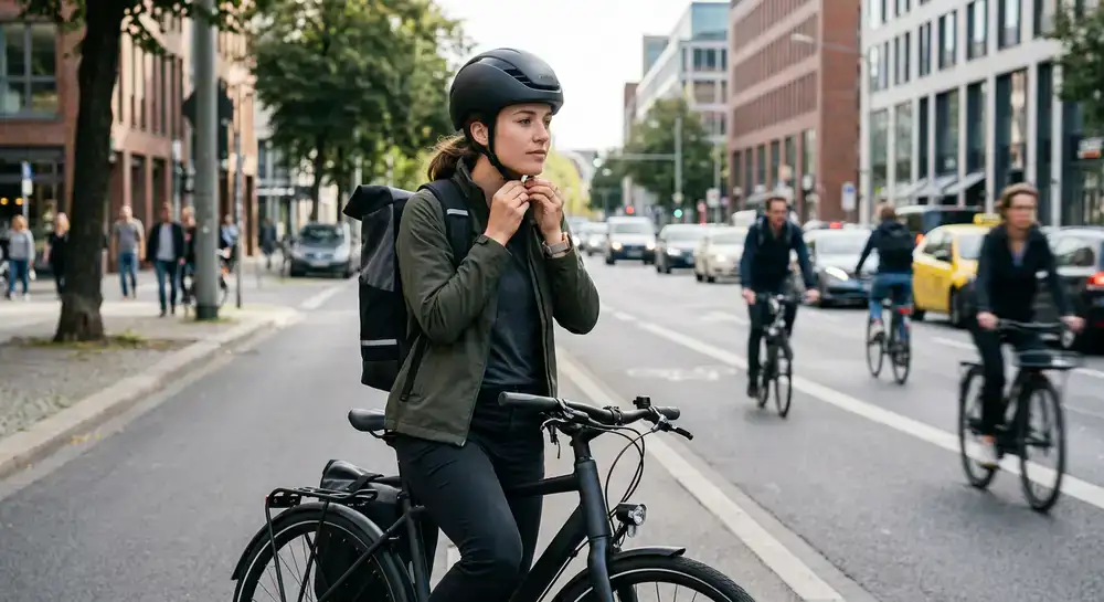 A commuter adjusting their protective cycling helmet in the city