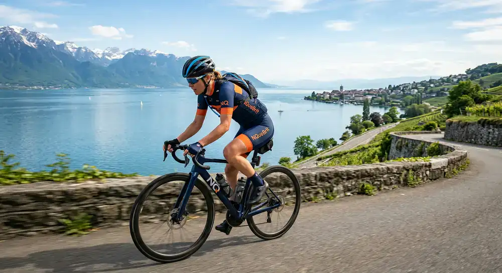 Cyclist fully equipped with NQueBrit accessories riding near Lake Geneva