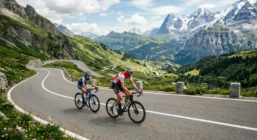 Two cyclists riding on a scenic mountain road in Switzerland