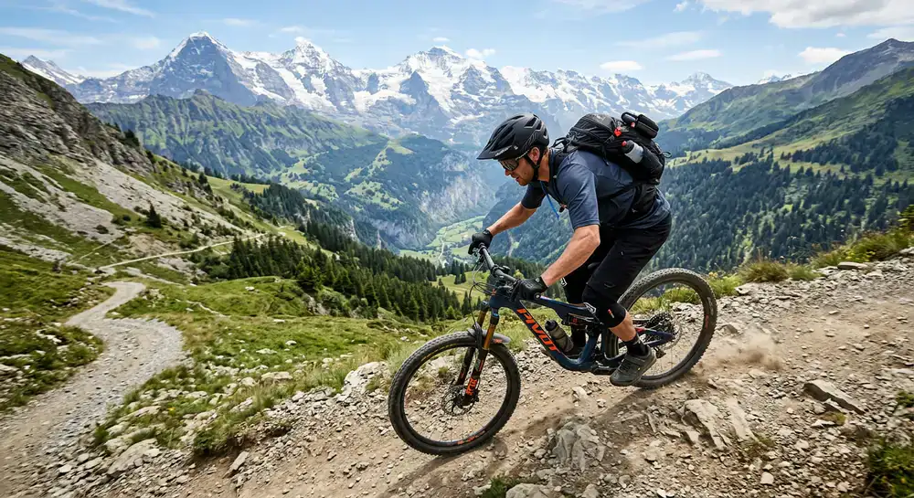 Mountain biker equipped with durable helmet and repair kit on a Swiss trail