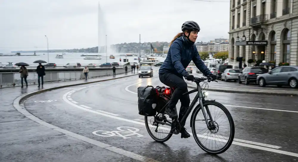 Urban cyclist using NQueBrit waterproof bag and lights in Geneva